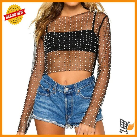 Tops - Sheer Mesh Crop Top Rhinestone Pearls Long Sleeve Slim Fit Blouse